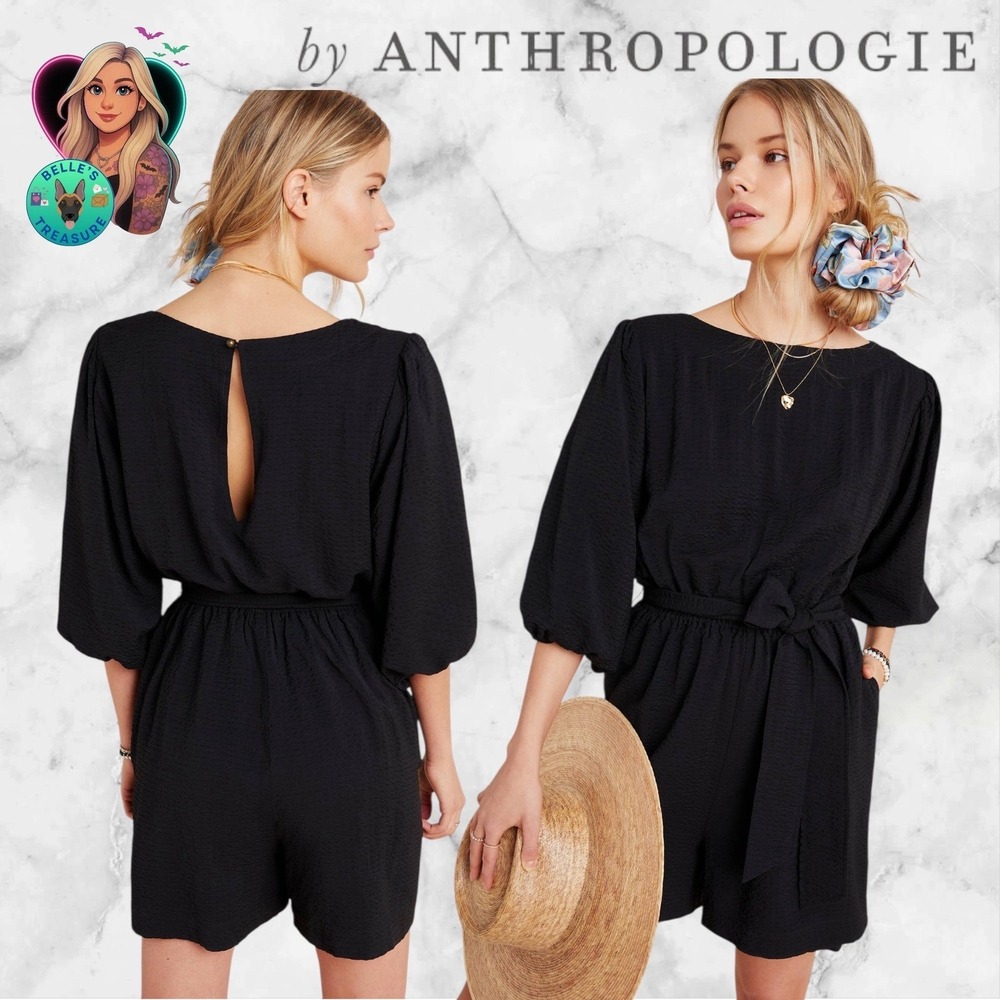 Anthropologie Francesca Balloon-Sleeved Romper Women's MBlack Open Back Event